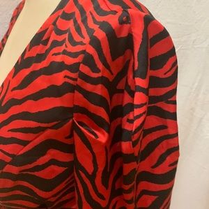 Gorgeous silk Red and Black faux wrap dress with rushing. Gathered shoulder